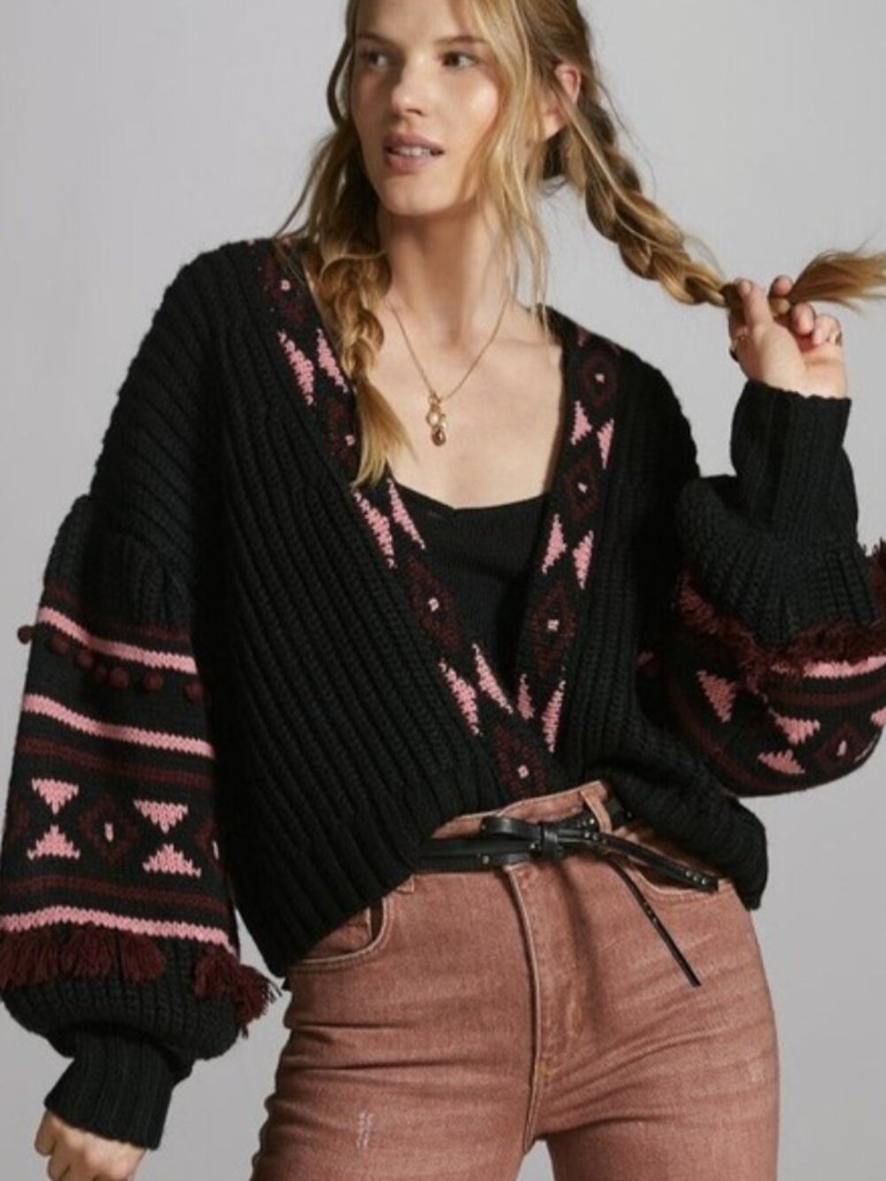 SACHIN & BABI Landon Cardigan Sweater Bishop Sleeves Chunky Fringe Anthropologie